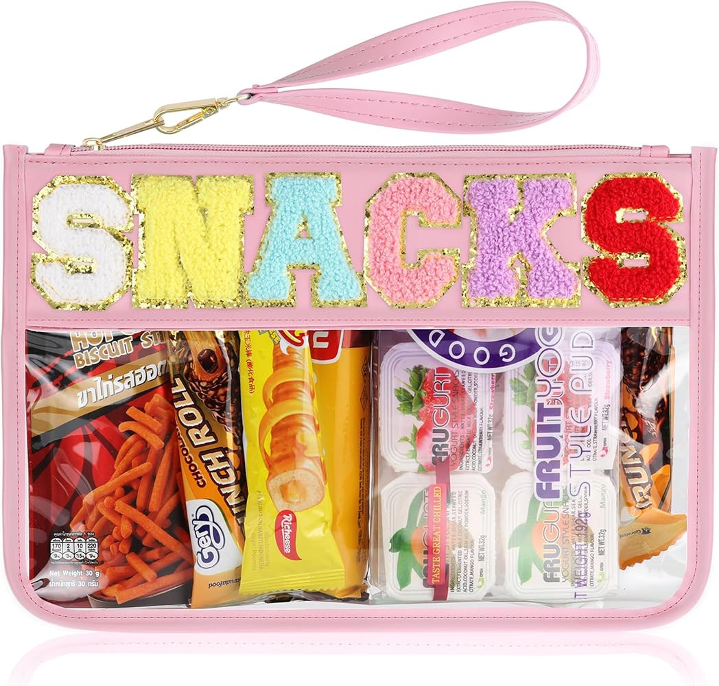Snack Bag for Travel - Clear Chenille Varsity Letter Flat Pouch with Zipper, 12.2×8.46 inch Wate... | Amazon (US)