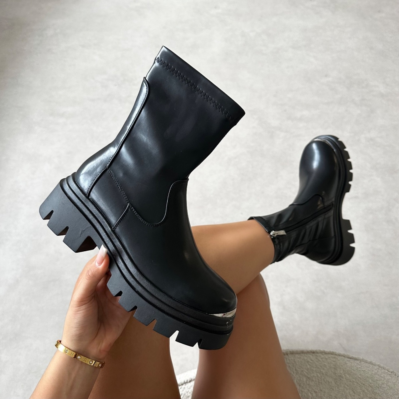 Lionel Black Chunky Boots With Toe Plate | Simmi Shoes