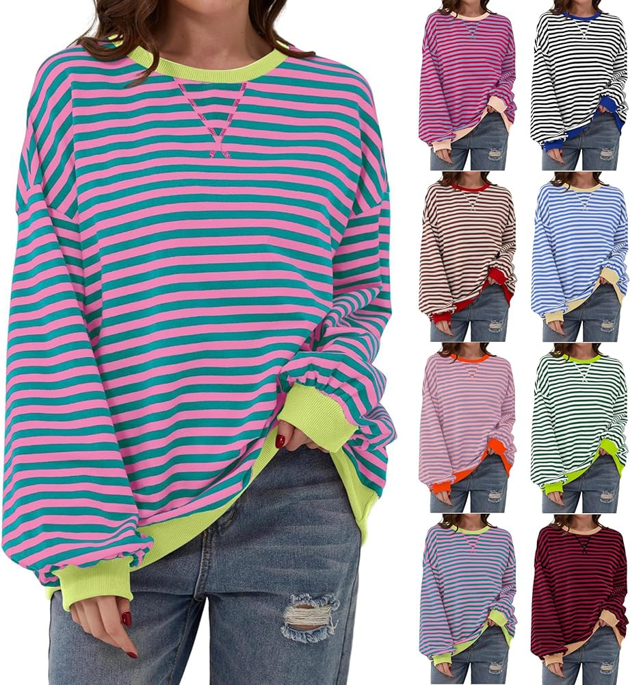 hayudier Womens Oversized Sweatshirt Casual Striped Color Block Long Sleeve Crewneck Pullover Top... | Amazon (US)
