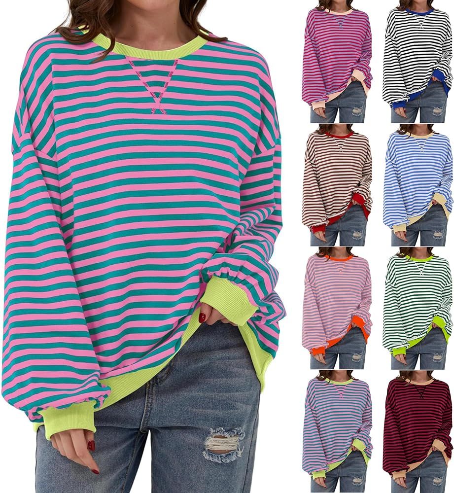 Womens Oversized Sweatshirt Casual Striped Color Block Long Sleeve Crewneck Pullover Tops Fall Ou... | Amazon (US)