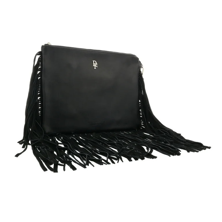 Daniela Fargion Black Leather Suede Fringe Pouch Clutch for Womens | Walmart (US)