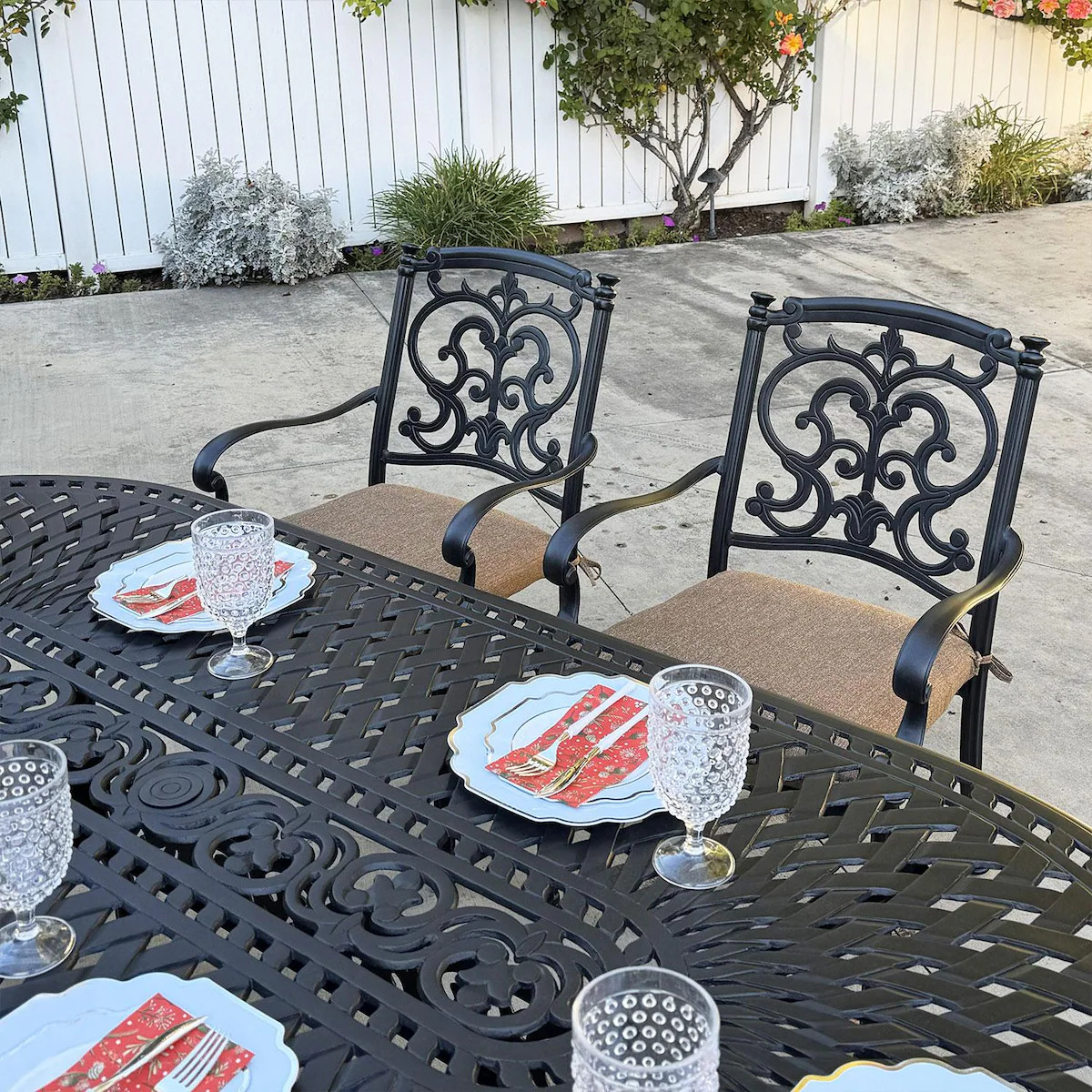 Santa Barbara 7 Pc Cast Aluminum Dining Set w/ 84 X 42 Inch Oval Series 60 Table & 2 Swivel Rocke... | BBQ Guys