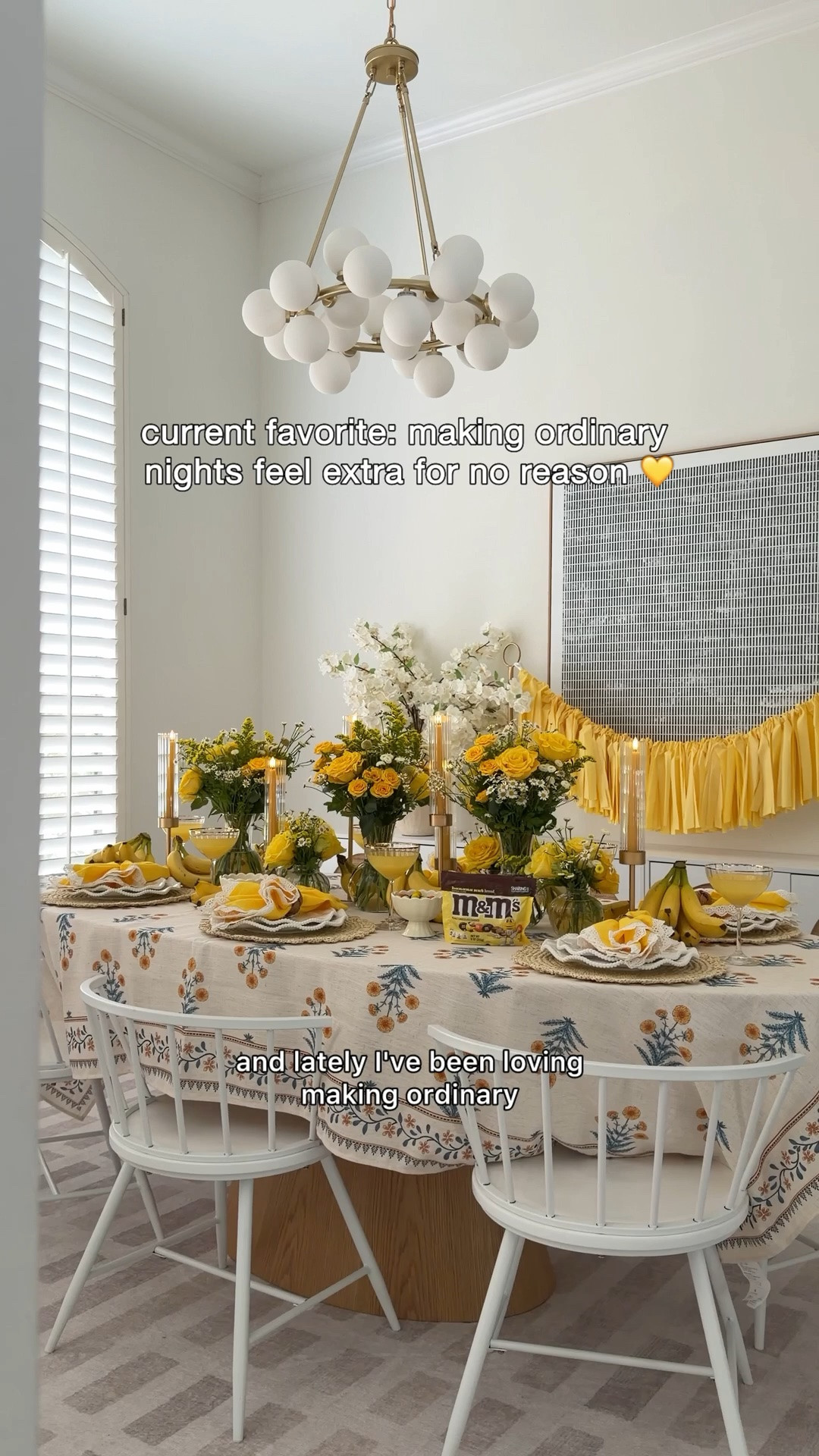 #AD #sponsoredbymarswrigley This girls night had a theme, and the new @mmschocolate Banana Nut Bread Chocolate Candy understood the assignment 💛🍌✨

From the yellow florals and fun drinks to the cozy girls night vibes, I was inspired to make an ordinary night feel a little extra. And okay wait… the banana bread flavor paired with that classic Peanut M&M’S crunch is such a fun combination.

Have you tried this flavor yet? Buy a bag exclusively at your local @KrogerCo Family of Stores and tell me if you’re team banana bread!

#mms #KrogerPartner

#LTKstorytime #LTKHome #LTKfoodie