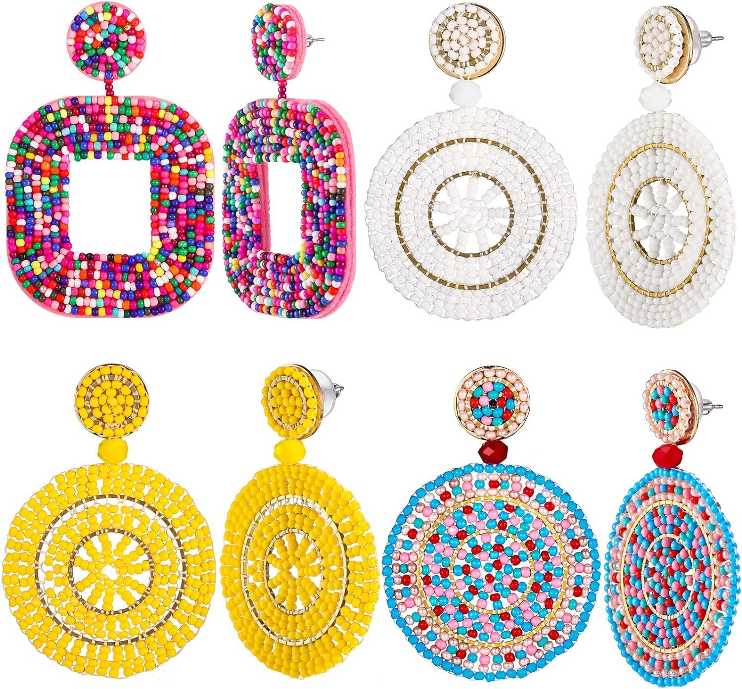 4 Pairs Beaded Drop Earrings Bohemian Beaded Dangle Earrings for Women Colorful Statement Drop Be... | Amazon (US)