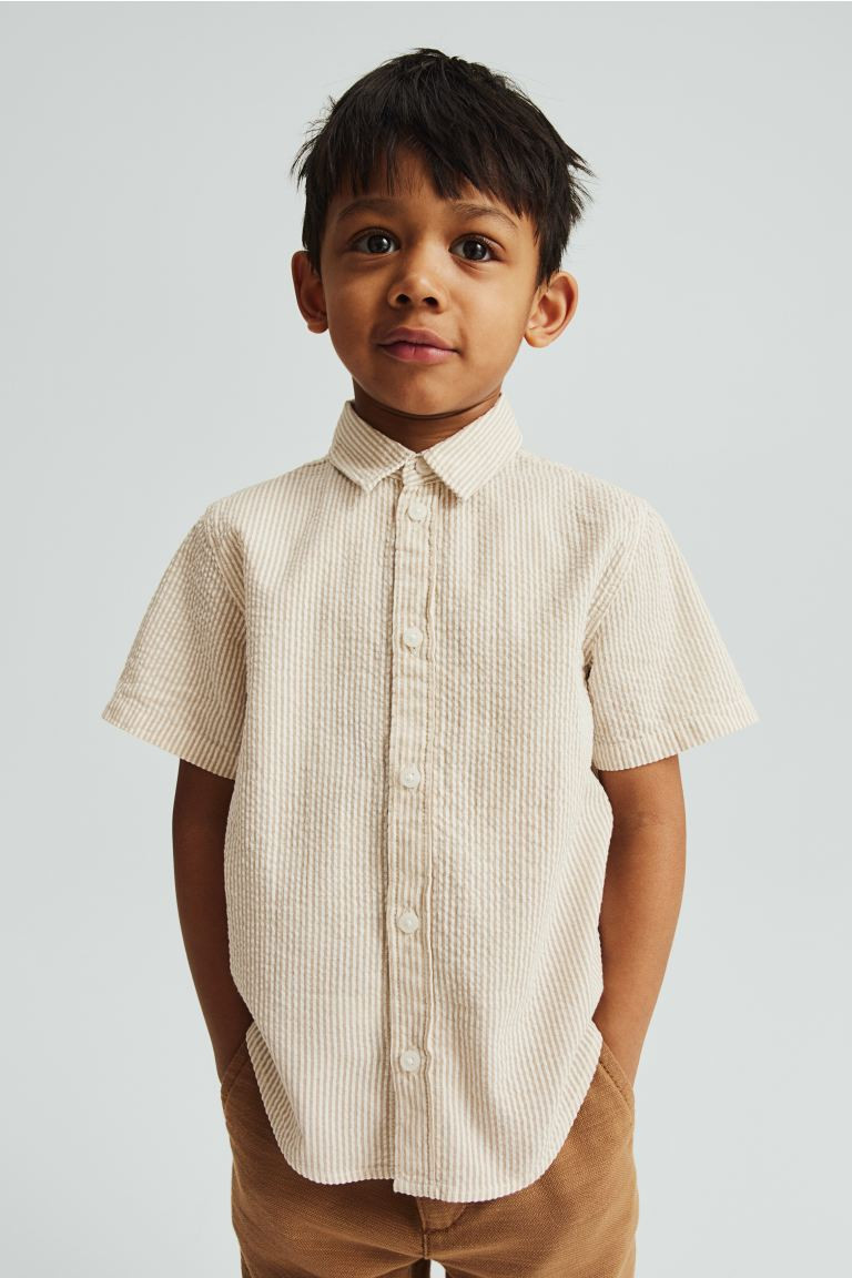 Short-sleeved Cotton Shirt - Short sleeve - Regular length - Beige/striped - Kids | H&M US | H&M (US + CA)