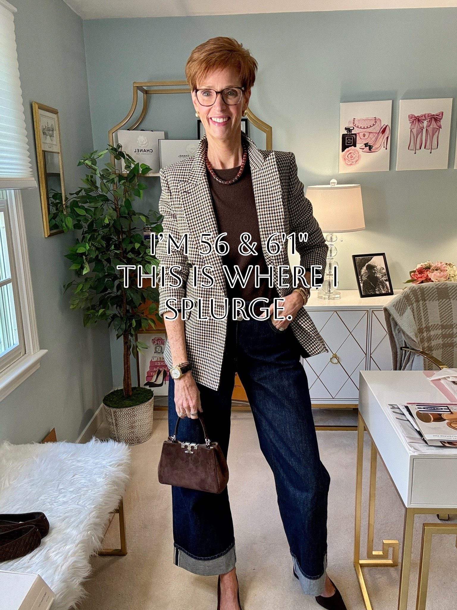 I’m 56, 6'1", and I’ve become VERY selective about what gets my splurge money.
Because I don't think looking polished means everything you're wearing needs to be expensive.

Want the links sent to you? Comment SPLURGE and I’ll DM them!

For this fall outfit, I started with a brown cashmere crewneck and dark-wash jeans—two simple wardrobe staples. Then I added the pieces I will spend more on: a beautifully tailored houndstooth blazer, a brown suede handbag and brown suede pointed-toe block heels.
And that is increasingly my formula for getting dressed: let a few exceptional pieces elevate everything else.

The houndstooth blazer gives the jeans structure. The chocolate-brown suede accessories pull the whole color palette together. And the pointed toe adds just enough polish without making the outfit feel overly dressed.

For me, a splurge-worthy piece has to earn its place in my closet. I want quality, versatility and enough staying power that I'll still be excited to wear it years from now—not something I'll love for one season and forget about the next.

Now I'm curious: where are YOU most willing to splurge—blazer, bag or shoes?
Save this for classic fall outfit inspiration, share it with a friend who loves timeless style, and follow for more real-life outfit ideas for women over 50—including plenty of tall-friendly style from someone who's 6'1".

#ClassicStyle #FallOutfitIdeas #StyleOver50

#LTKootd #LTKOver40 #LTKTall