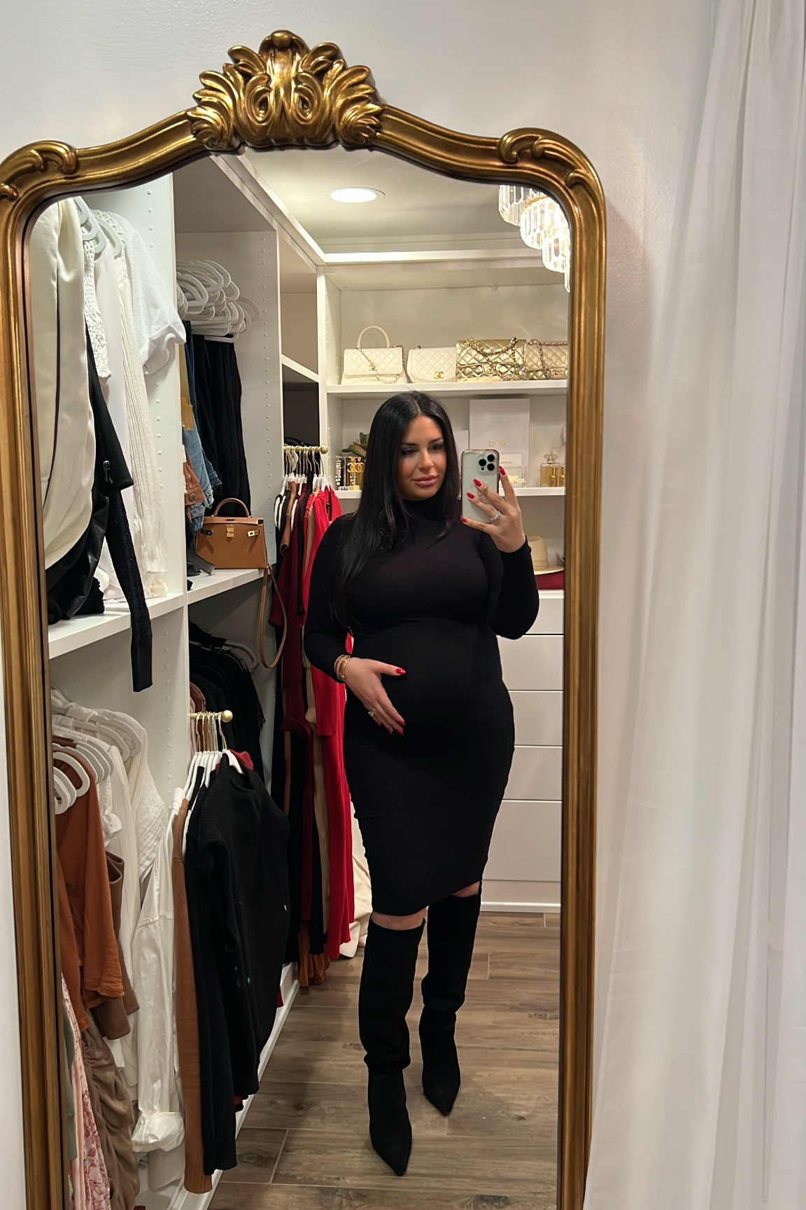 Mock neck midi dress, slouchy black boots 

#LTKBump #LTKSeasonal