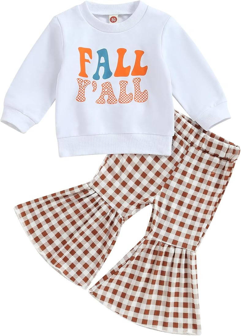 CREAIRY Toddler Baby Girl Bell Bottoms 2Pcs Outfits Letter Crewneck Pullover Sweatshirt Plaid Fla... | Amazon (US)