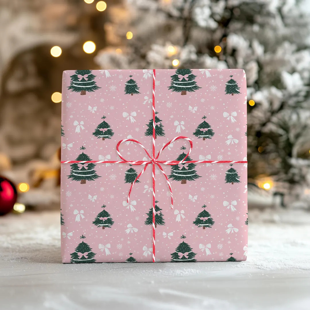 Pink Christmas Wrapping Paper With Green Trees and White Bows – Cute Holiday Gift Wrap Festive ... | Etsy (US)