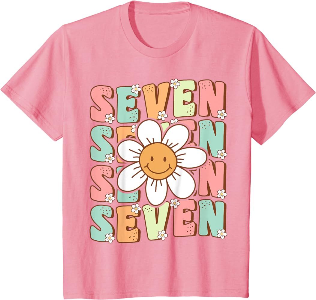 Cute Groovy 7th Birthday Party Daisy Flower Seven Year Old T-Shirt | Amazon (US)