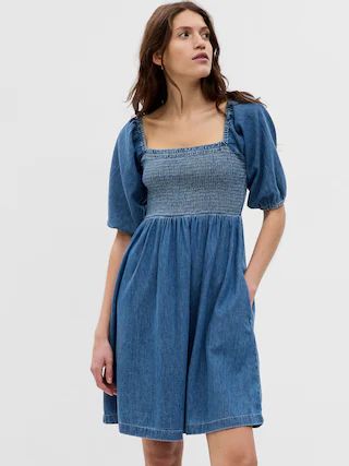 100% Organic Cotton Puff Sleeve Denim Mini Dress with Washwell | Gap (US)