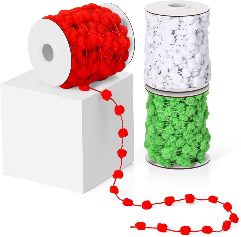 60 Yards Christmas Ribbon Pom Pom Ribbon Red, Green, White Fuzzy Wired Trim Ribbon Pom Pom Ribbon... | Amazon (US)
