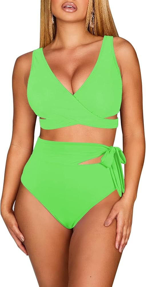 Kisscynest Women's Sexy Criss Cross V Neck 2 Piece Bikini Swimsuit Cut Out High Waisted Bathing S... | Amazon (US)