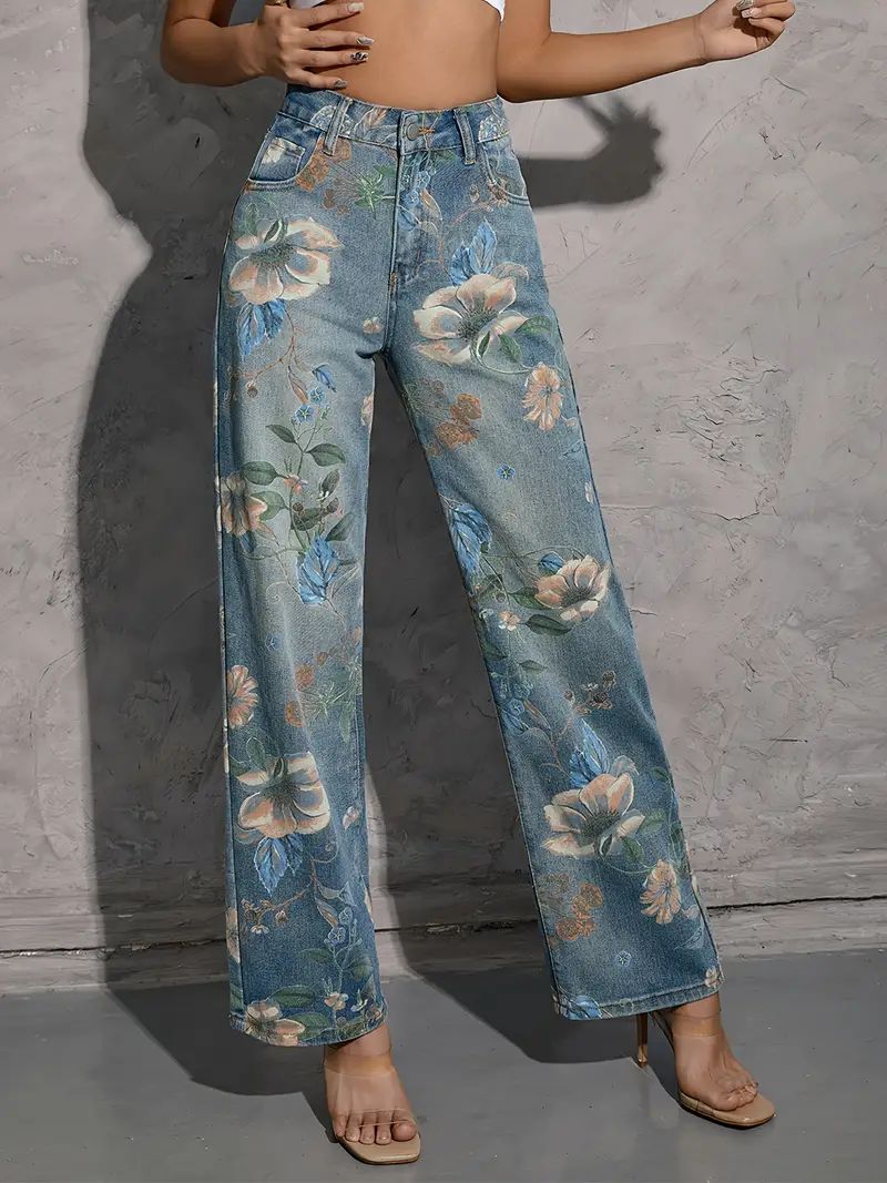 Women's Vintage-Inspired Floral Washed Jeans - Relaxed Fit, Slant Pockets, Everyday Comfort Denim | Temu Affiliate Program