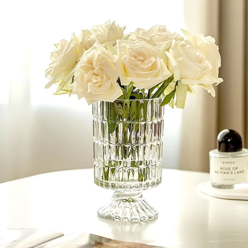 Ribbed Crystal Glass Pedestal Vase, Decorative Glass Vase for Flowers and Centerpieces | Wayfair North America