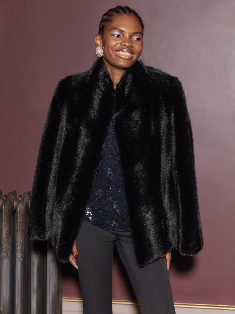 Hobbs Rue Faux Fur Coat, Black | John Lewis (UK)