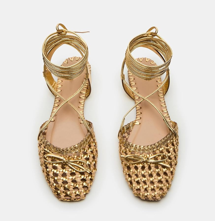 Woven Ballet Flats for Women Lace Up Closed Square Toe Summer Flats Shoes | Amazon (US)
