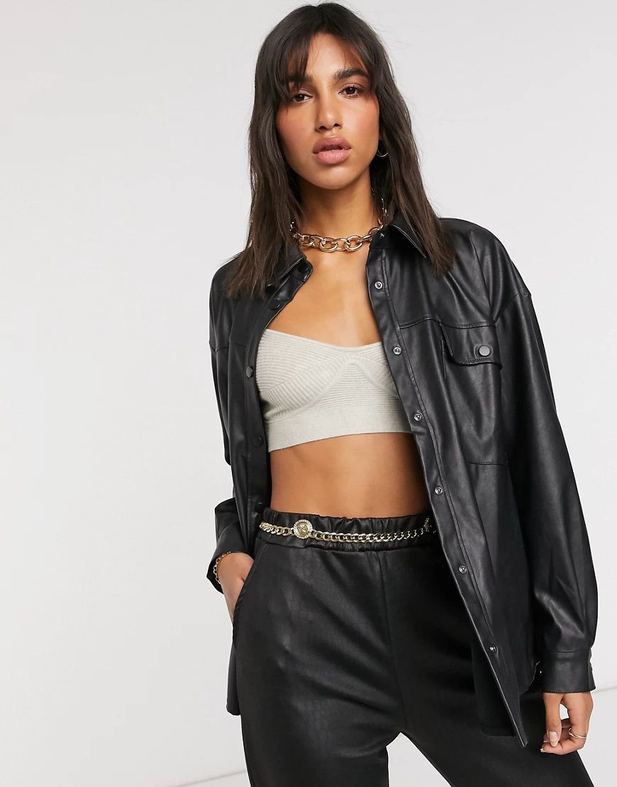 ASOS DESIGN oversized leather-look shirt jacket in black | ASOS (Global)