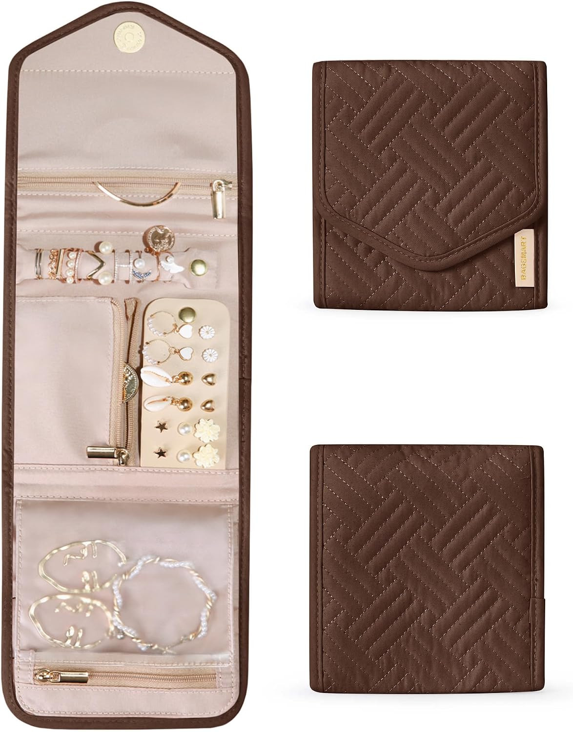 BAGSMART Travel Jewelry Organizer Case Foldable Jewelry Roll, Coffee Brown | Amazon (US)