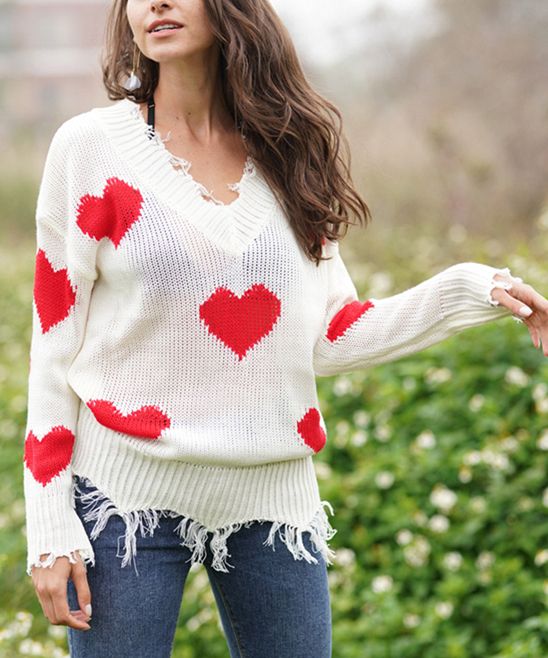White & Red Heart Frayed-Hem Sweater - Women | Zulily