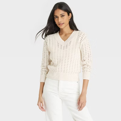Women's Openwork V-Neck Pullover Sweater - Universal Thread™ | Target
