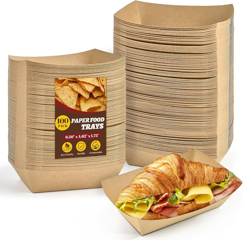 Ocmoiy 2lb Kraft Paper Food Trays, 100 Pack Heavy Duty Food Boats Disposable Food Serving Tray Fo... | Amazon (US)