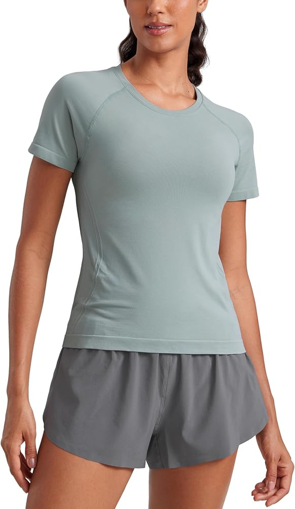CRZ YOGA Seamless Workout Tops for Women Waist Length - Running Gym Athletic Yoga Short Sleeve Sh... | Amazon (US)
