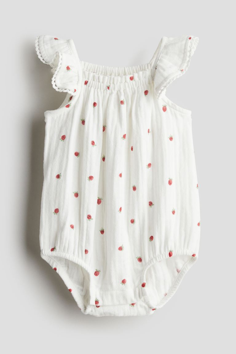 Patterned Muslin Romper Suit - Square Neckline - Sleeveless - White/strawberries - Kids | H&M US | H&M (US + CA)