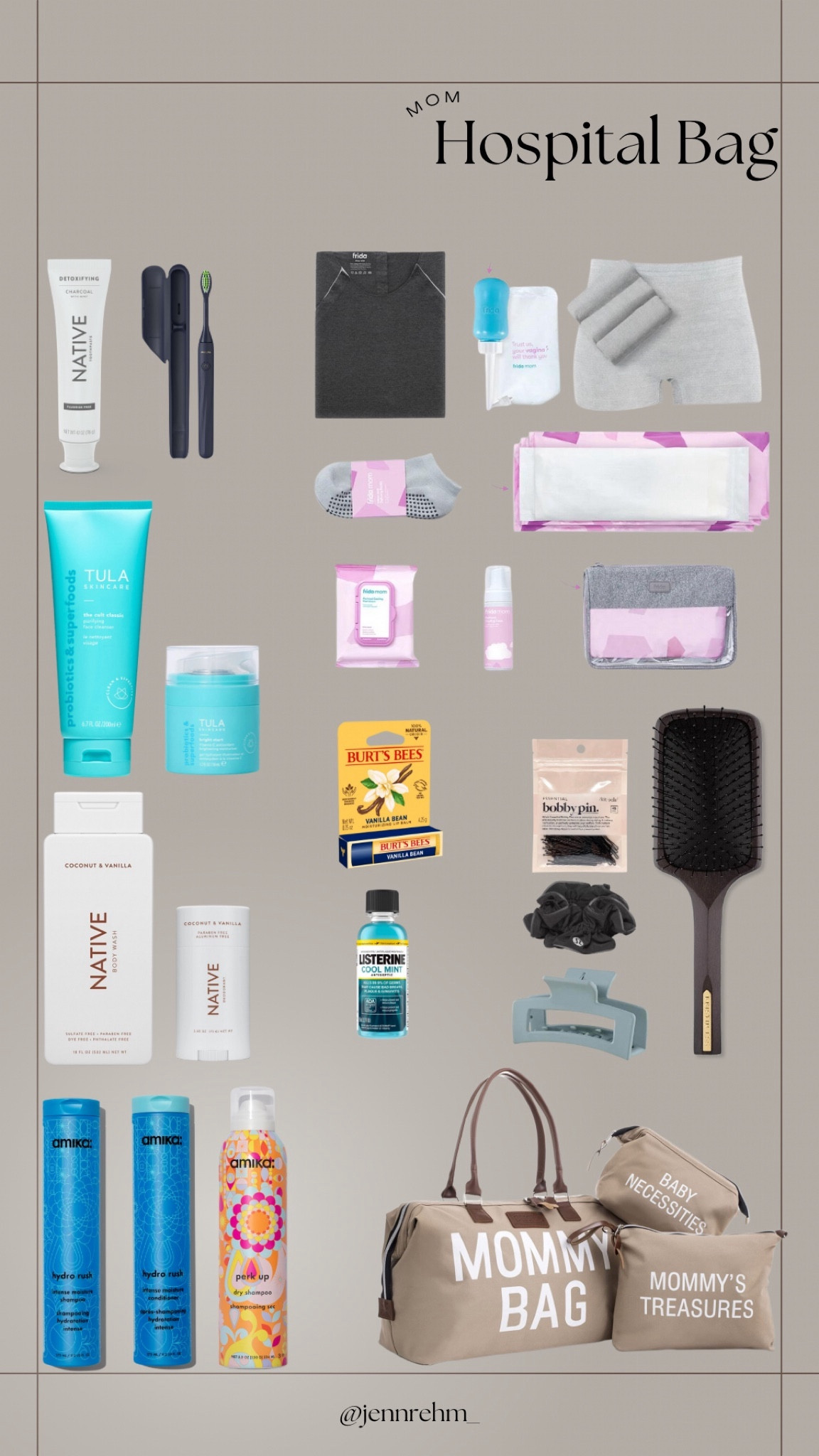 Hospital bag guide for mom (toiletries) 

•FridaMom Labor/Delivery/ Postpartum Kit
•Shampoo/Conditioner
•Dry Shampoo +/ Styling Products
•Scrunchies/Hair Ties
•Bobby Pins/Claw Clips 
•Hair Brush
•Body Wash
•Deodorant
•Face Wash
•Moisturizer (Face + Body)
•Chap Stick
•Tooth Brush
•Tooth Paste
•Mouth Wash
•Makeup Bag (Optional)

#LTKfamily #LTKbaby #LTKbump