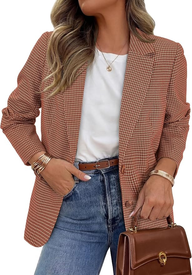 PRETTYGARDEN Fall Blazers for Women Business Casual | Long Sleeve Plaid Houndstooth, Notch Lapel ... | Amazon (US)