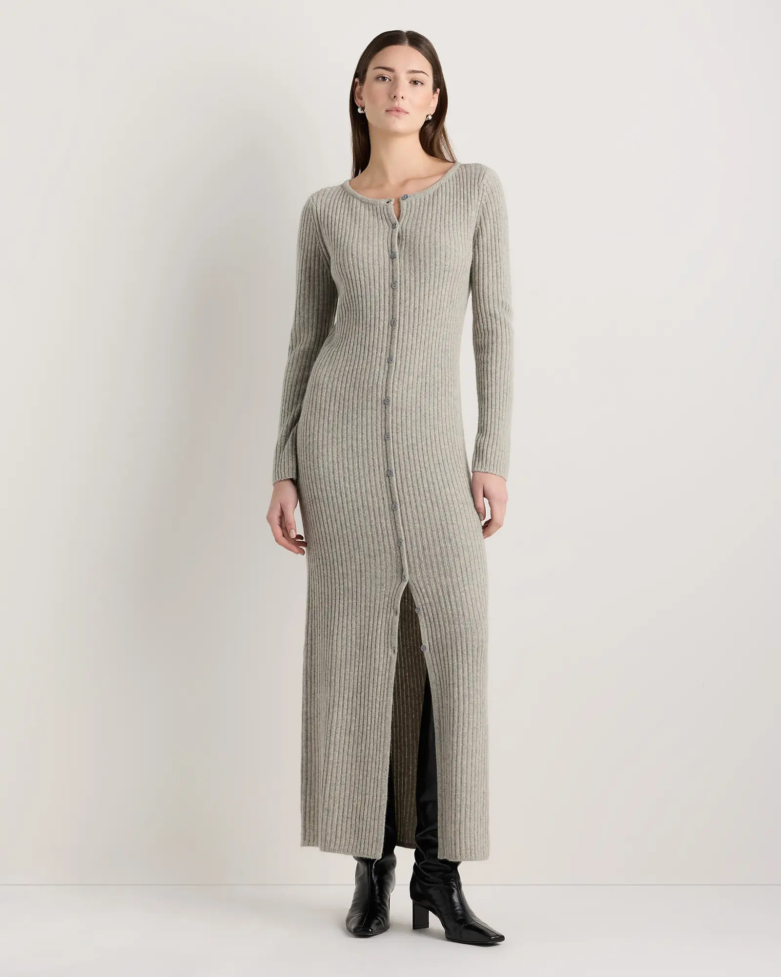 100% Yak Wool Ribbed Cardigan Sweater Dress in Warm Heather Grey | Quince