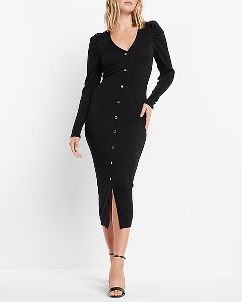 Long Sleeve Button Front Ribbed Midi Sweater Dress | Express