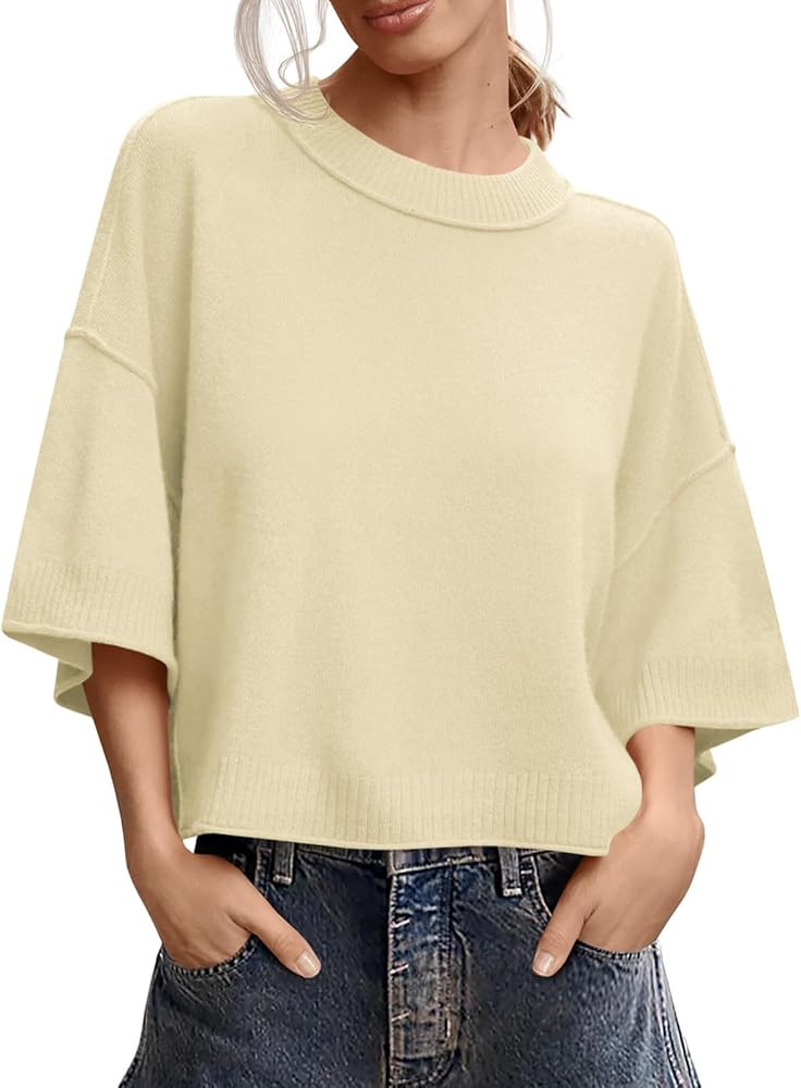 Saodimallsu Womens Short Sleeve Sweater Summer Oversized Cropped Sweaters Casual Crewneck Lightwe... | Amazon (US)