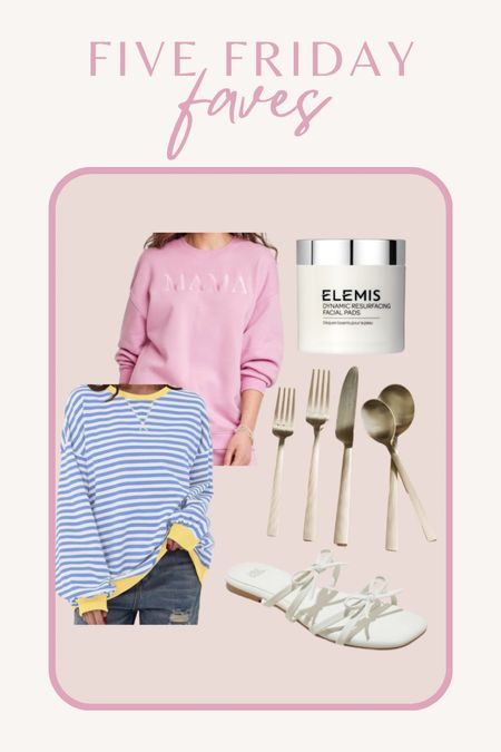 Five Friday faves!

**
Mama embroidered sweatshirt: it’s oversized, I got a small
Striped FP lookalike sweatshirt: fits oversized, I got a M
Elemis resurfacing facial pads
Walmart gold flatware set
White bow sandals- fits tts, I got an 8.5

#LTKfindsunder100 #LTKxTarget #LTKxSephora