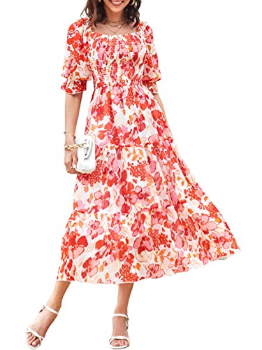 Sissyaki Women's Boho Floral Smocked Dress Summer Casual Party Beach Midi Dresses 2-Red Floral Medium | Amazon (US)