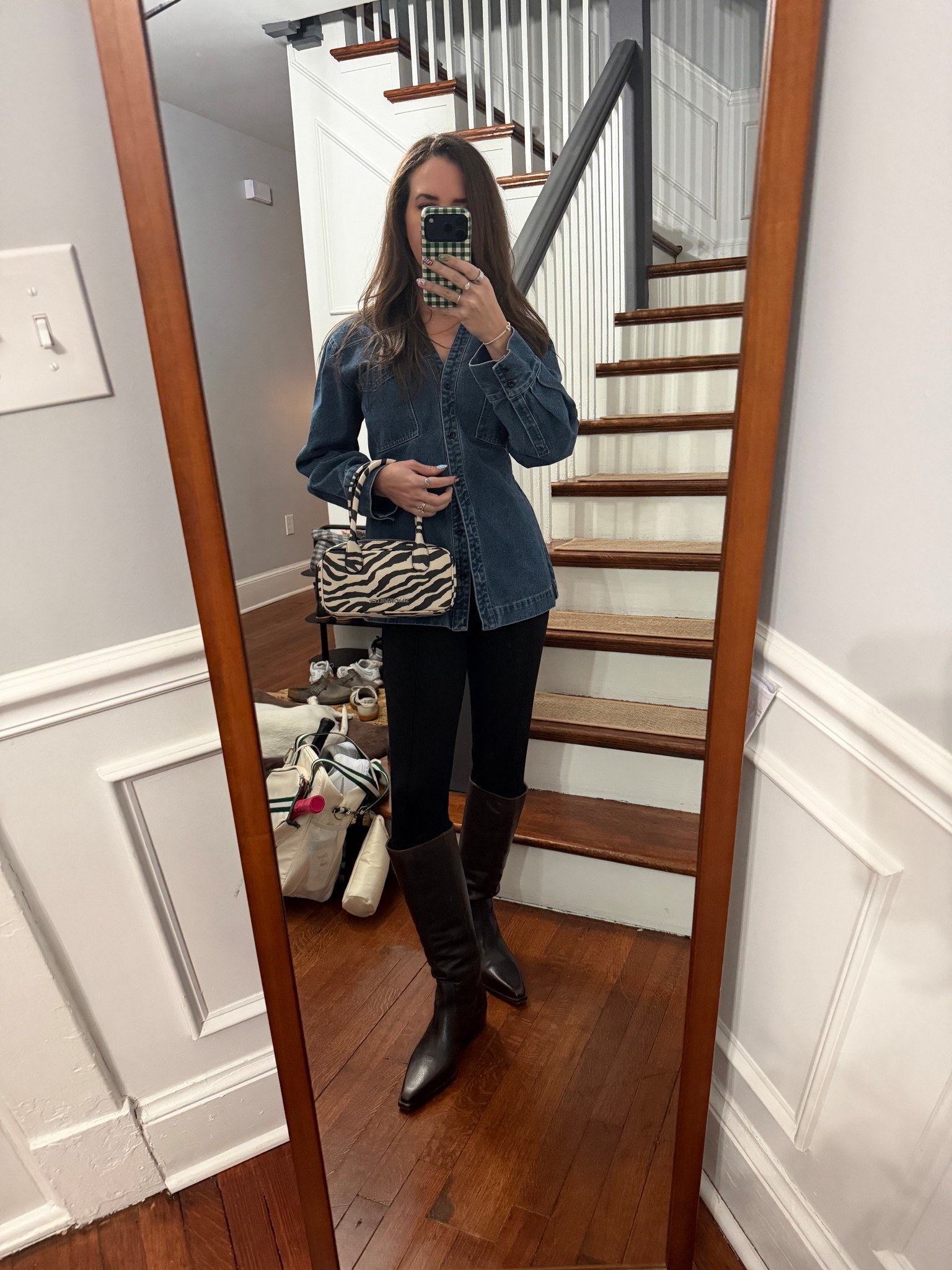 night out. date night. denim top. stirrup leggings. brown knee high boots. knee high boots. larroude boots. casual style. move night. winery outfit. fall outfit. 

 #LTKSpringSale #LTKootd #LTKSaleAlert