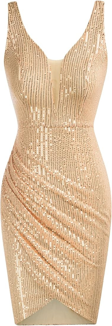 Amazon.com: GRACE KARIN Women Deep V Neck Party Mini Dress U Back Sequin Irregular Hem Evening Dr... | Amazon (US)