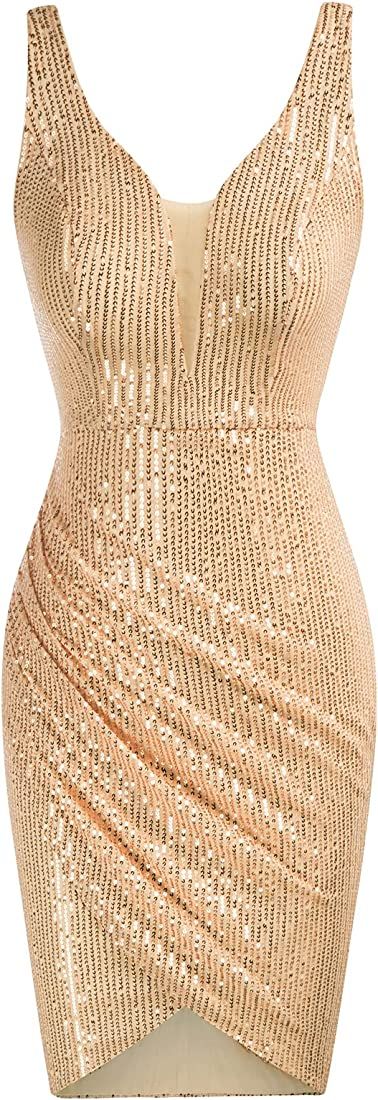 Amazon.com: GRACE KARIN Women Deep V Neck Party Mini Dress U Back Sequin Irregular Hem Evening Dr... | Amazon (US)