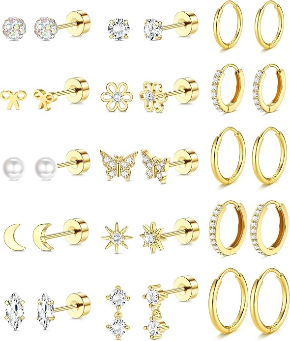 LOLIAS 14K Gold Plated Flat Back Earrings - Hypoallergenic Surgical Stainless Steel Stud Hoop Ear... | Amazon (US)