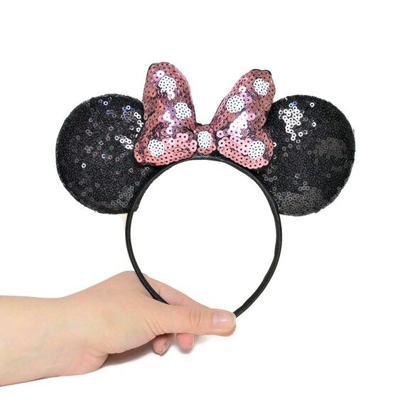 Minnie Mouse Ears With Polka Dot Bow, Minnie Ears With Sequin Bow, Mickey Ears With Pink Bow | Etsy (US)