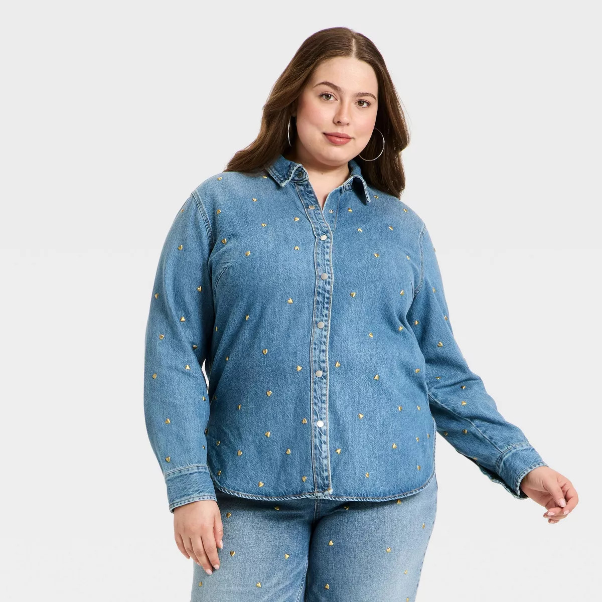Women's Valentine's Day Relaxed Embellished Denim Shirt - Universal Thread™ Medium Wash 1X | Target