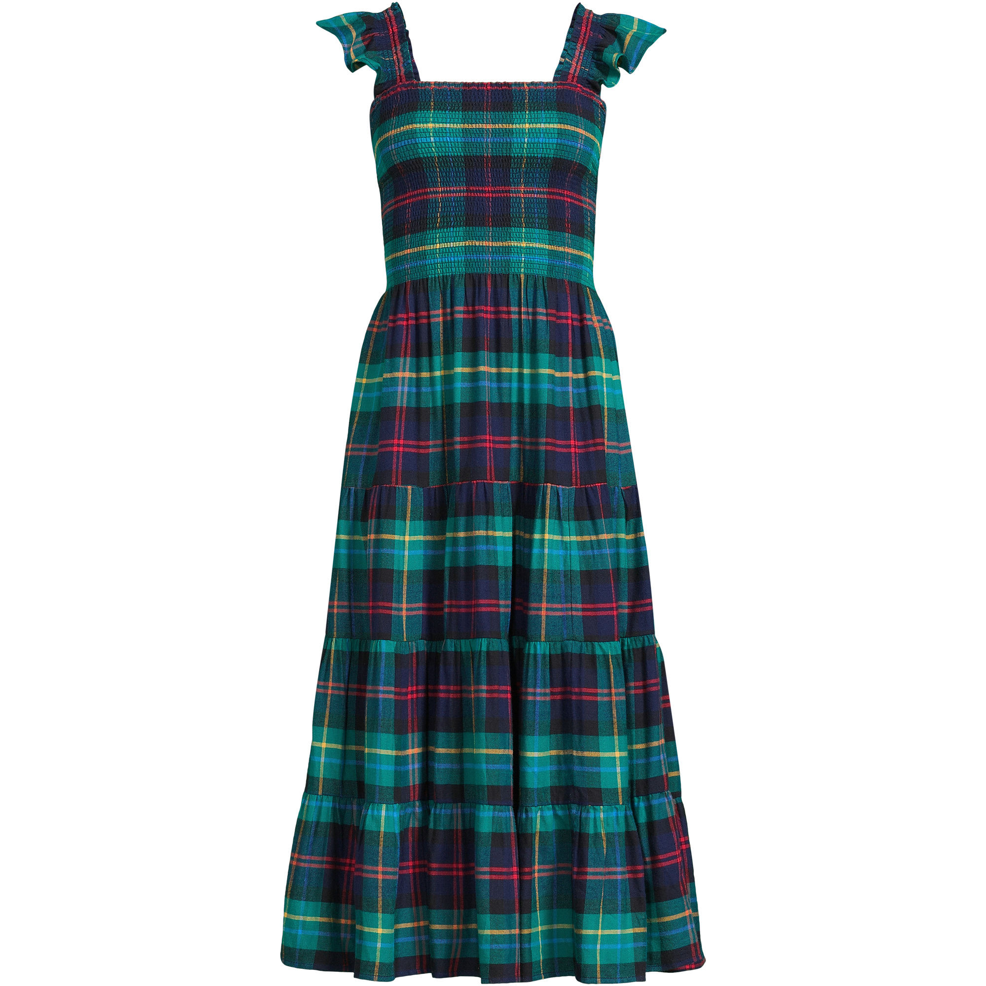 Women's Drapey Flannel Smocked Midi Dress with Ruffle Strap | Lands' End (US)