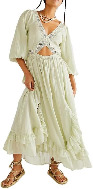 Juakoso Deep V Neck Ruffle Maxi Dress for Women Long Sleeve Lace Up Swing Long Dress Sexy High Wa... | Amazon (US)
