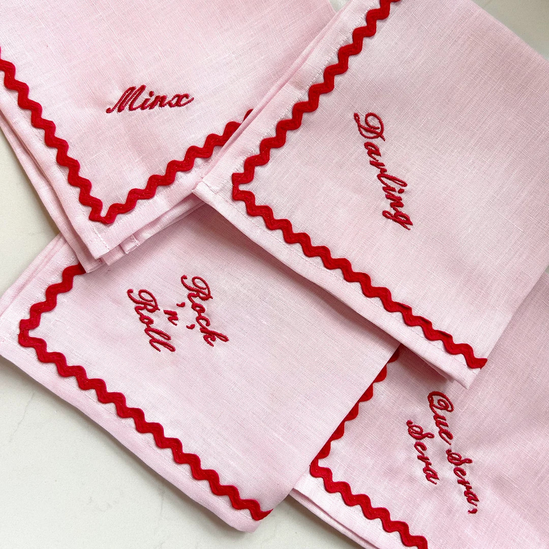 Personalised Pink and Red Linen Napkin Set, Ric Rac Trim, Monogrammed Embroidered Napkin, Reusabl... | Etsy (US)