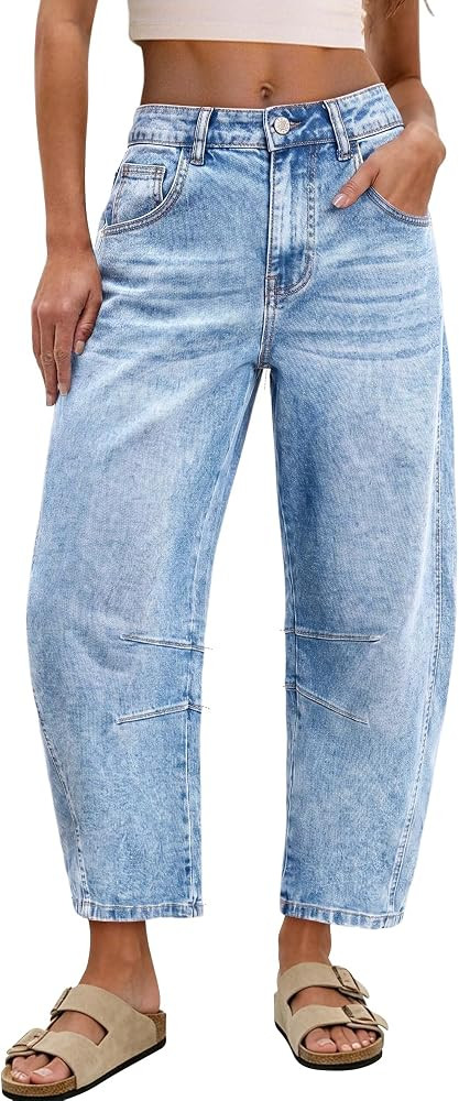 SANMM Jeans for Women Barrel Vintage Cropped High Waisted Denim Pants | Amazon (US)
