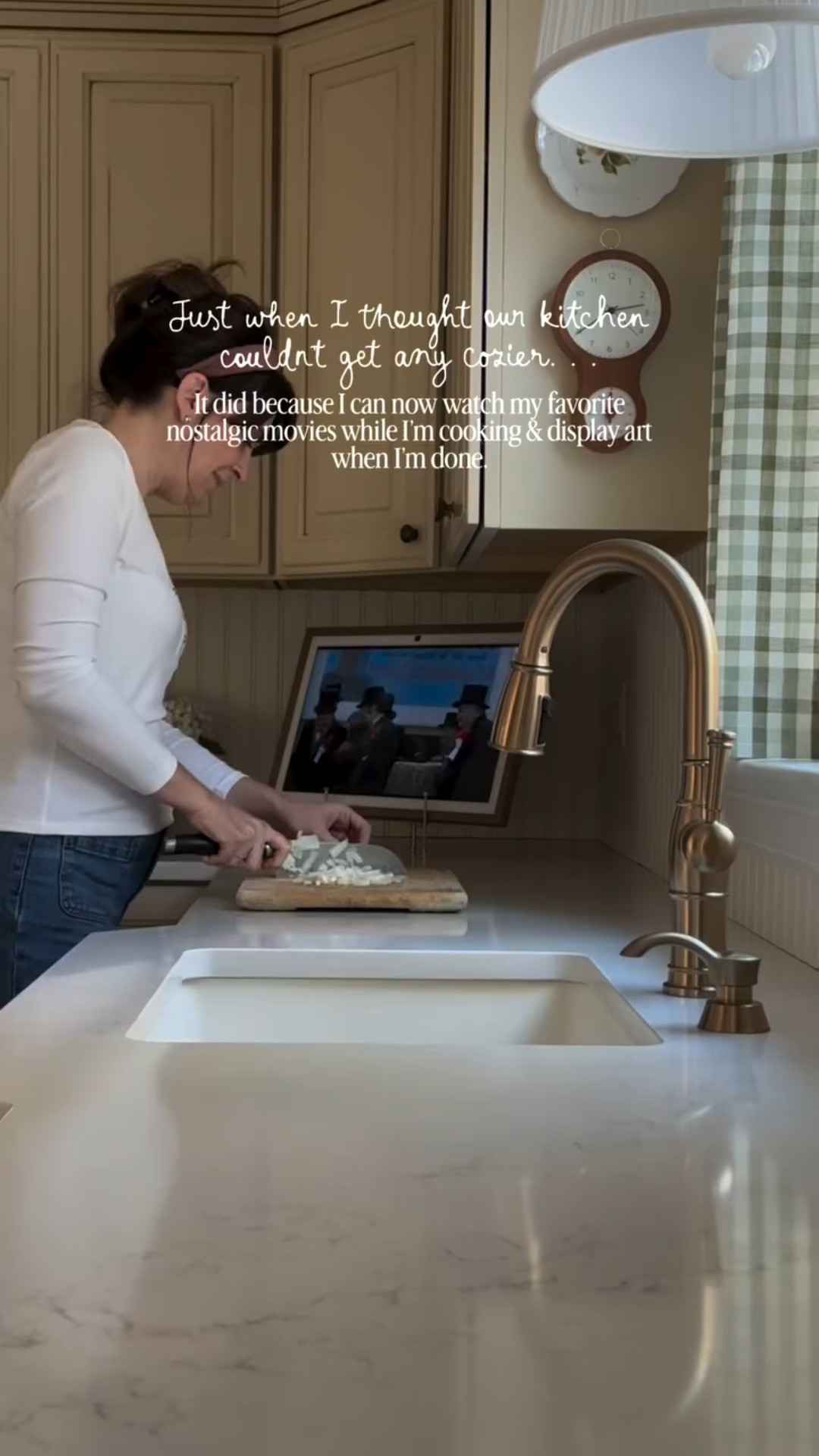 Just when I thought our kitchen couldn’t get any cozier…it did! I decided to splurge a little and spend the money and gift cards I received for Christmas on the Amazon Echo Show. And while I did hem and hew for a few days about whether I should make the purchase, I don’t regret it one bit. This device has been the best addition to our kitchen without looking like an electronic. It actually looks like framed art on our counter, but it does so much more and kind of acts like a hub for your family. My personal favorite part is that I can turn nostalgic movies on while I’m in the kitchen making dinner or washing dishes. Can you imagine having Home Alone on while baking Christmas cookies?! Gah…soooo cozy!!! I also love that when I’m not in the kitchen, I can display artwork to keep the cozy vibes going. 

Here’s a few other things the Echo Show can do, however I’m still learning the device so I know there is so much more:

-Display your calendar, reminders, and to-do lists at a glance.
-Stream shows, recipes, music, and podcasts.
-Act as a digital photo frame for family photos.
-Control smart home devices with voice commands.
-Make video calls and send announcements around the house.

We have the 21” size with a light brown frame. I have ours displayed on a gold book easel but you can use a plate stand, cookbook holder, or you can hang it on the wall (hardware for that is included in the box).

Comment LINK and I’ll DM you the links to our Echo Show, the frame, and the book easel! 

Oh and PS. That was stuffed peppers I made for dinner last night. I meant to get a photo of them before we dug in, but they were so good, I forgot.

#kitchendecor #cozyhome #homesweethome