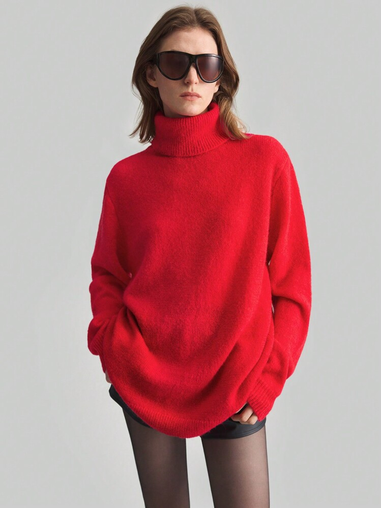 Ontre Suéter De Cuello Alto De Manga Larga, Color Rojo Sólido, Estilo Sencillo, Para Mujer, Nuevo Para El Año 2025 Y El Día De San Valentín, Suéter De Punto Casual Para Exteriores | SHEIN