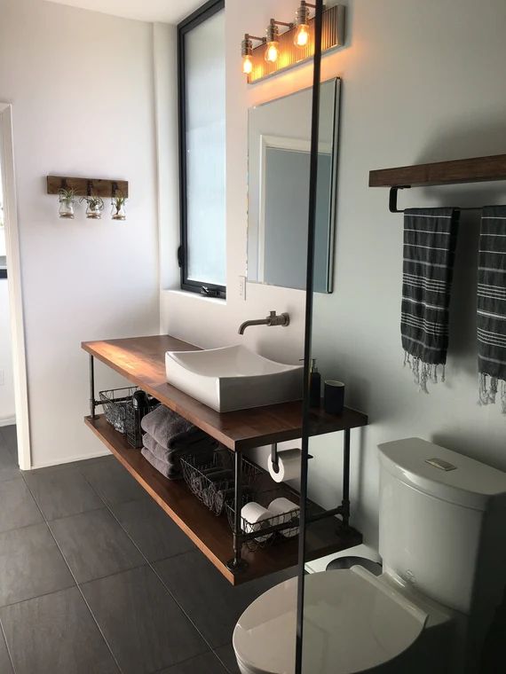 Floating Bathroom Vanity With Pipe / Industrial Restroom / | Etsy | Etsy (US)