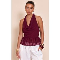 Wine Chiffon Cowl Peplum Hem Halterneck Top | PrettyLittleThing US