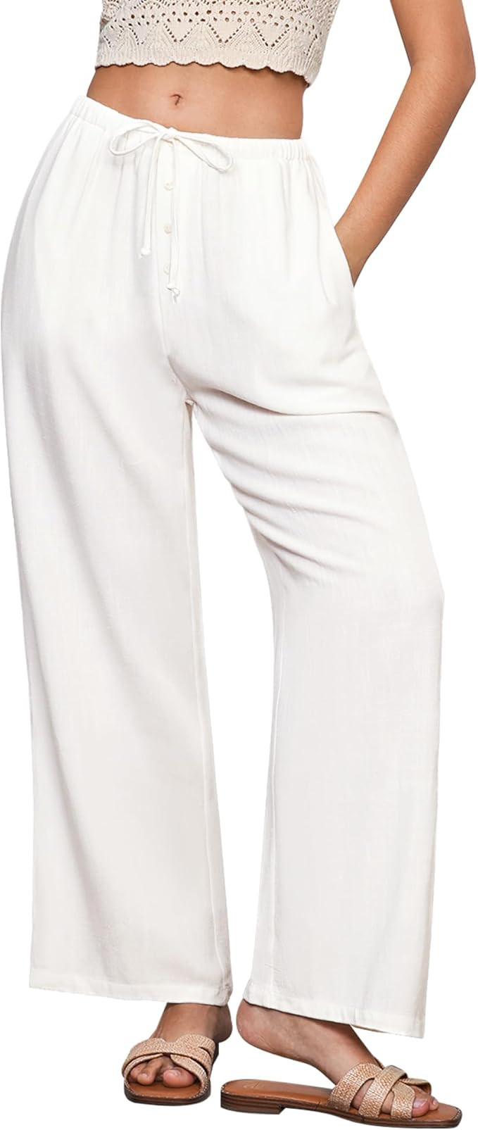 GRAPENT Linen Wide Leg Pants Woman High Waisted Pull On Button Drawstring Baggy Casual Summer Pal... | Amazon (US)